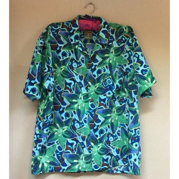 Vintage Pineapple Connection Mens Hawaiian Shirt Size Large Blue Green Floral - Picture 1 of 7
